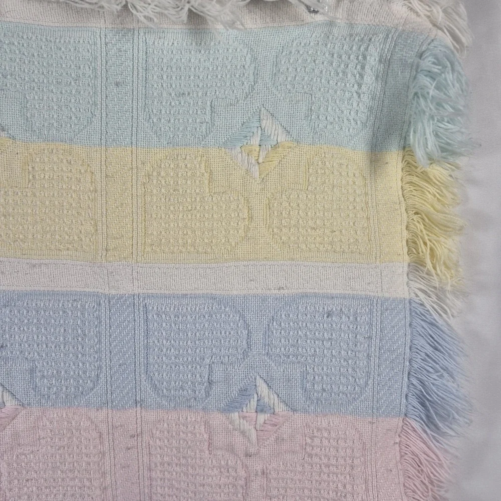 Vintage Pastel‎ Hearts Baby Blanket Fringe Waffle Knit Pink Blue Unisex